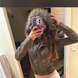 Y2K Hollister brown faux fur Jacket with Fur Hood